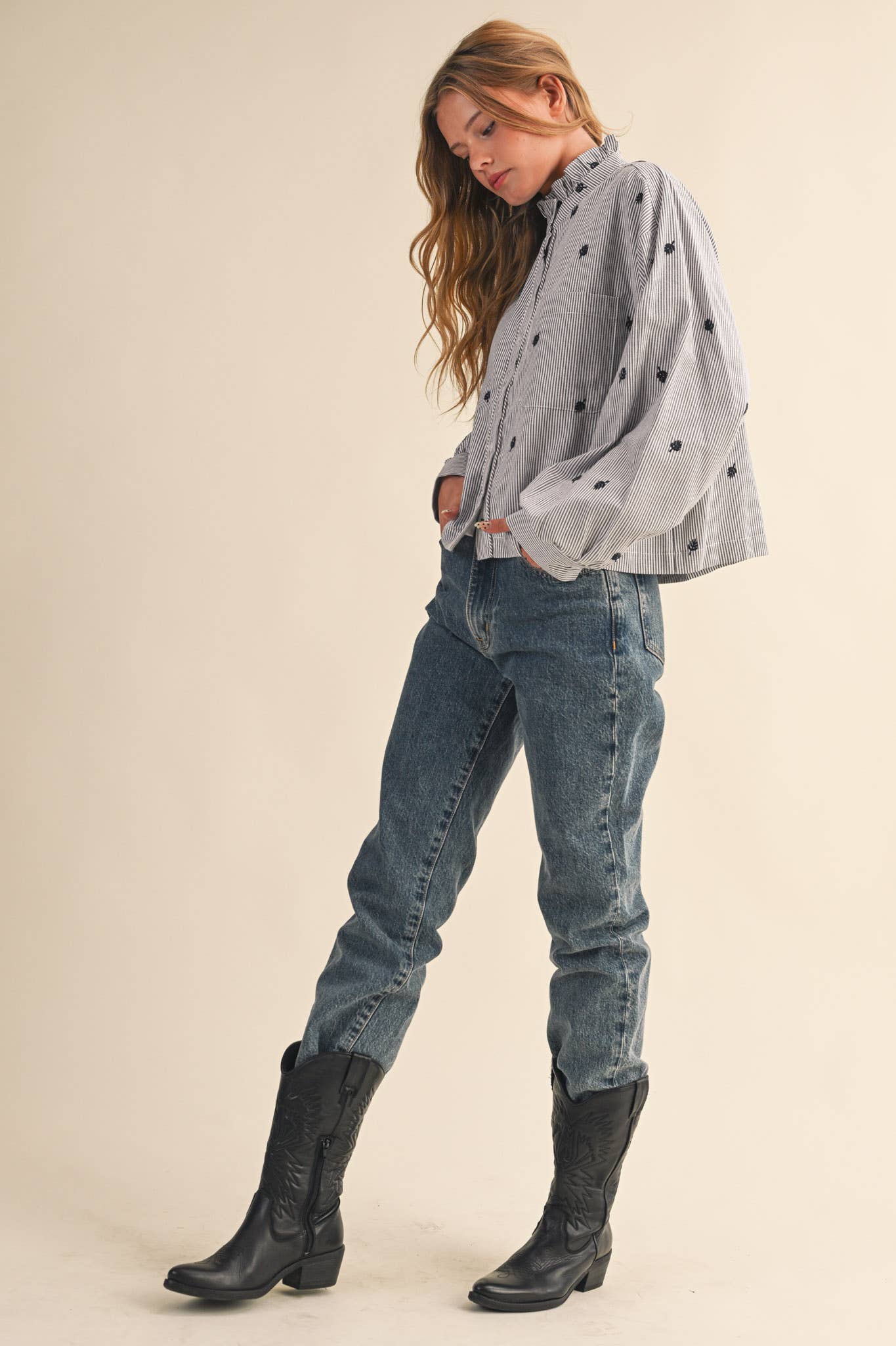 Embroidered Mock Neck Striped Button Up