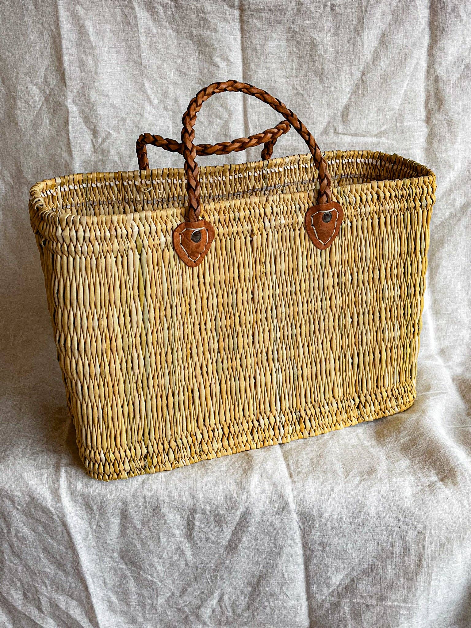 Reed Basket with Thin Leather Handles