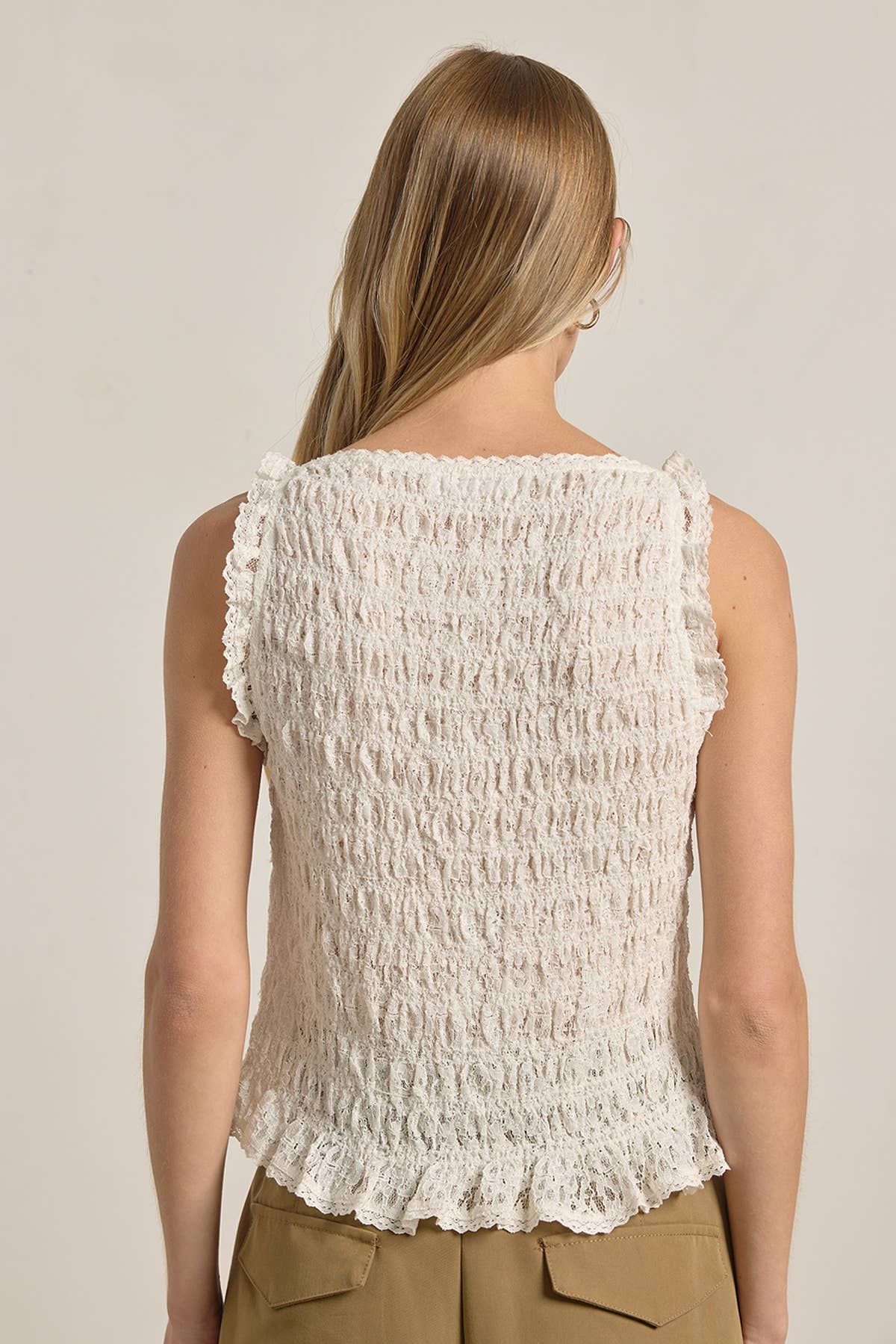 Smocked Lace Trim Sleeveless Top