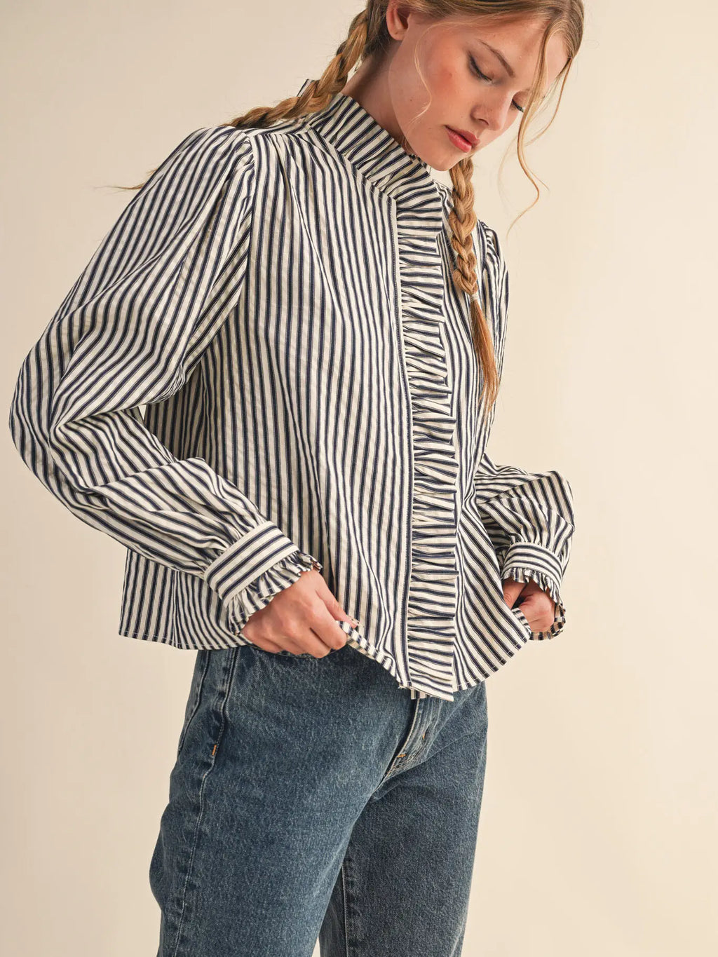 Striped Ruffled Button Down Top in Denim Blue Stripe