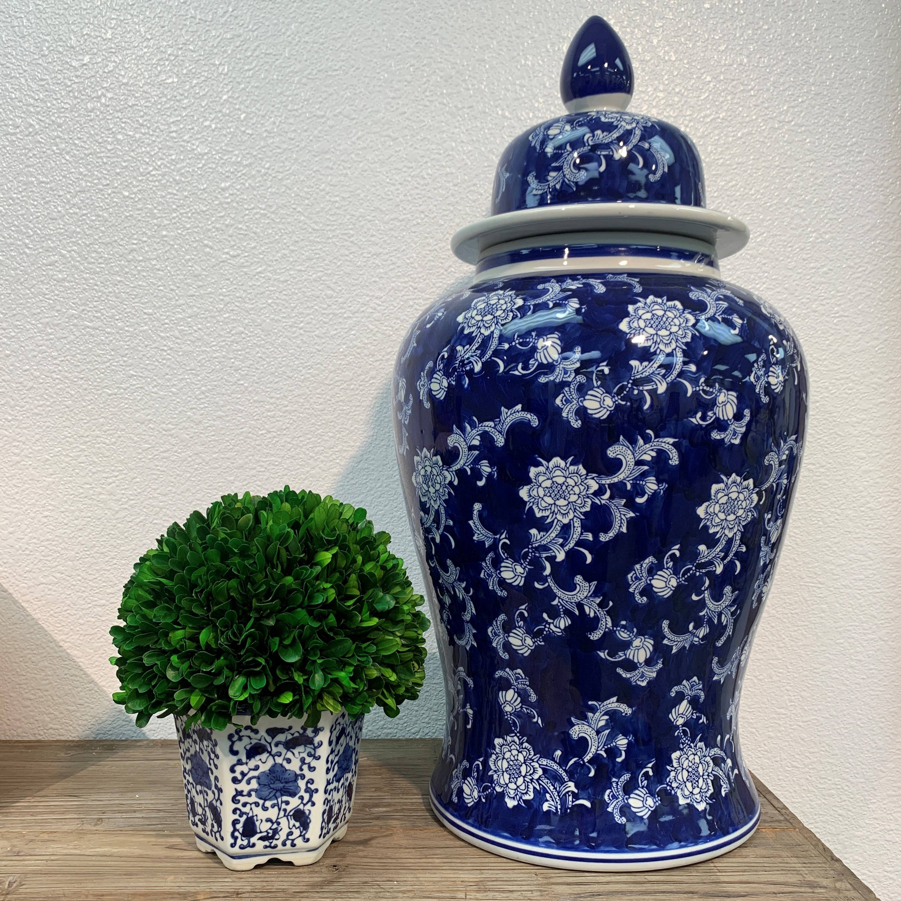 Boxwood Ball Topiary in Hexagon Blue & White Ceramic Pot