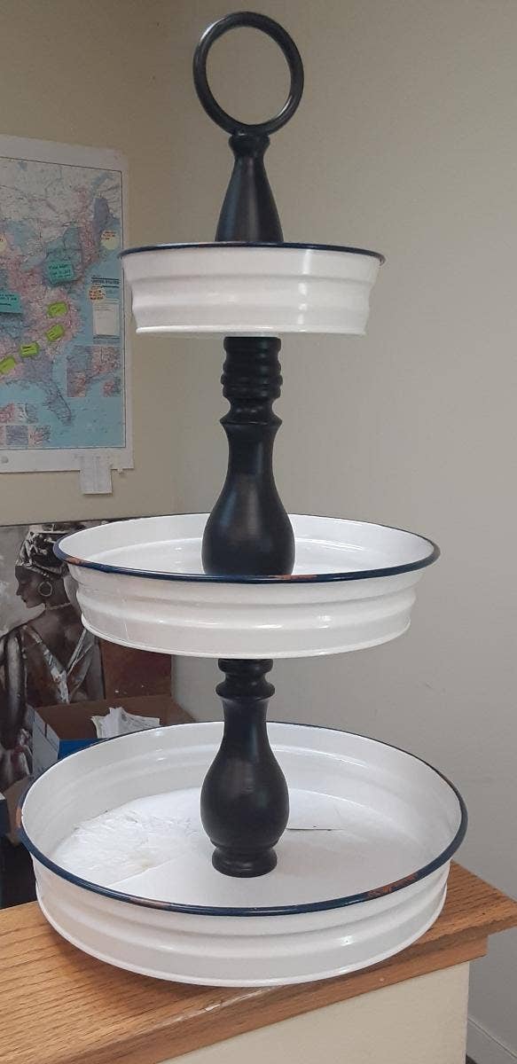 Tiered Serving Tray with Blue Trim