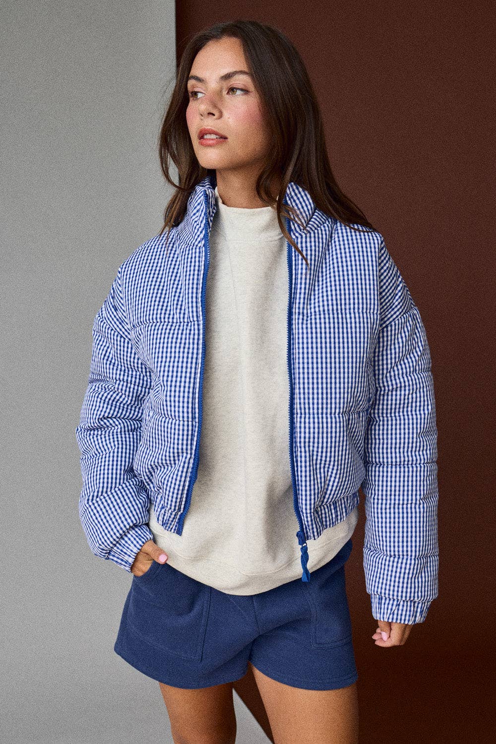 Gingham Zip Up Puffer Jacket