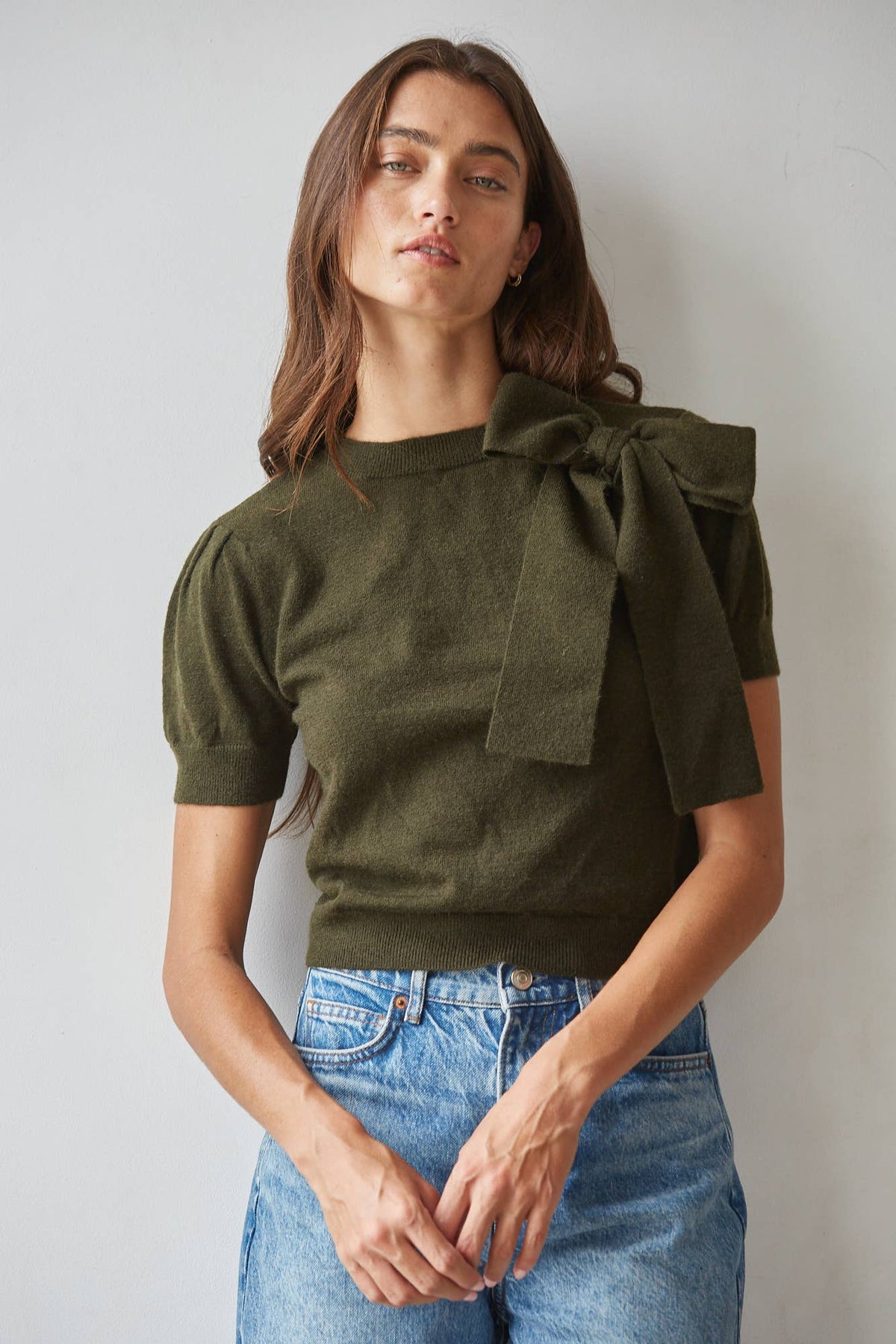 Shoulder Bow Knit Sweater in Dark Olive