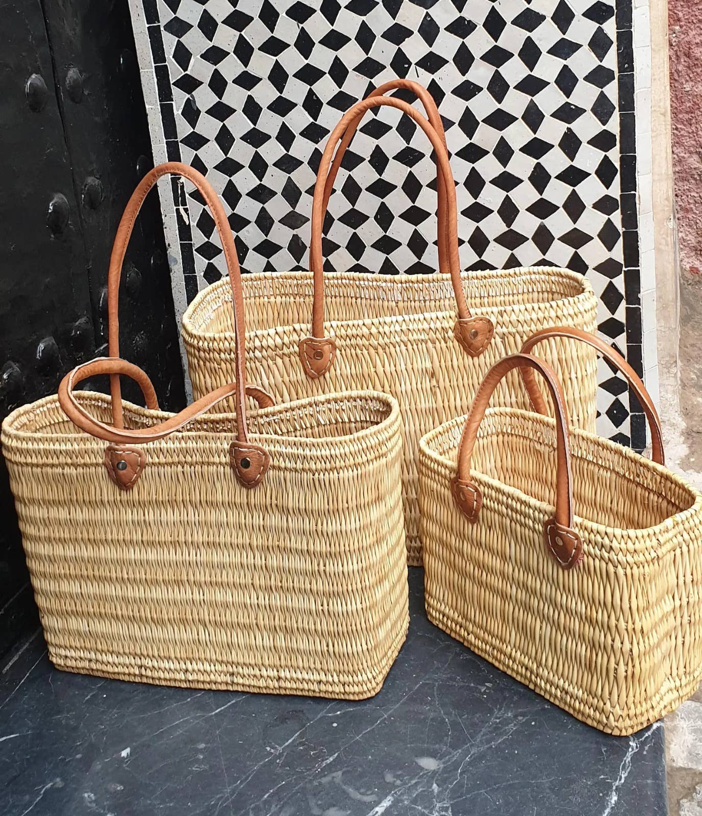 Reed Basket with Thick Leather Handles