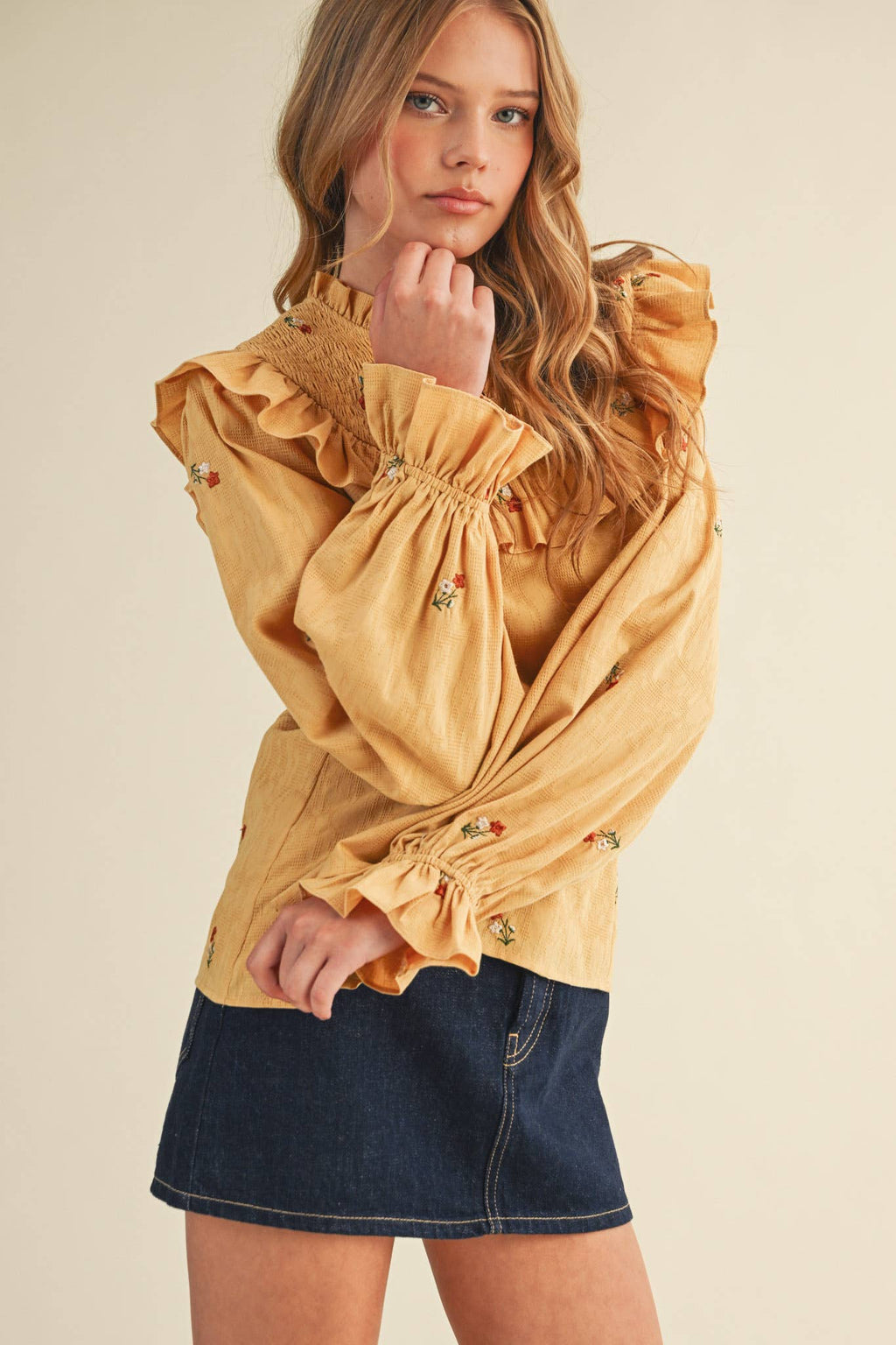 Smocked Yoke Embroidered Blouse