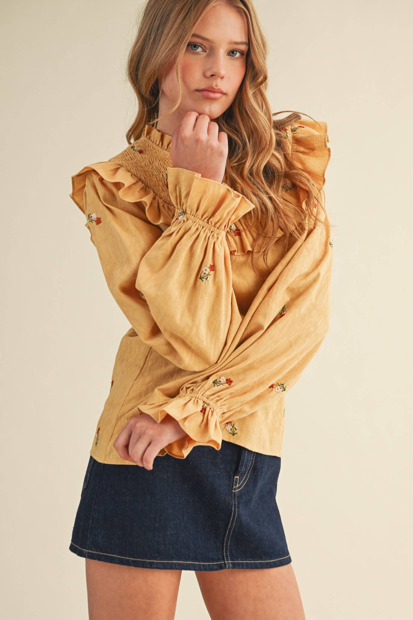 Smocked Yoke Embroidered Blouse