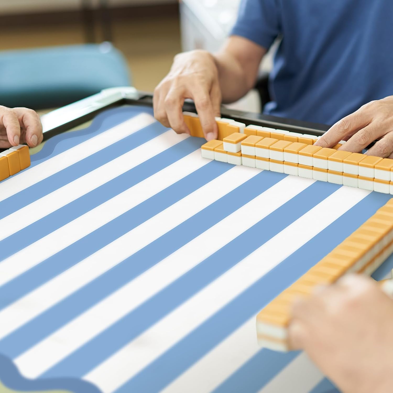 Blue Stripe Scalloped Mahjong Mat