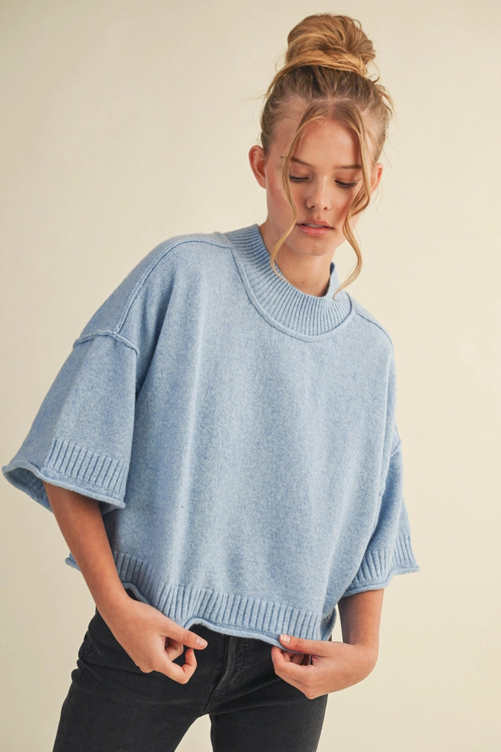 Marled Knit Mock Neck Short Sleeve Sweater