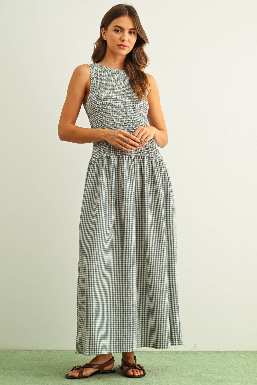 Mini Gingham Sleeveless Long Dress