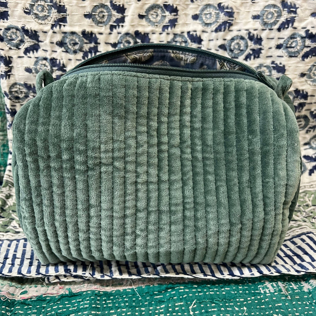 Eucalyptus Velvet & Block Print Lined Cosmetic Pouch