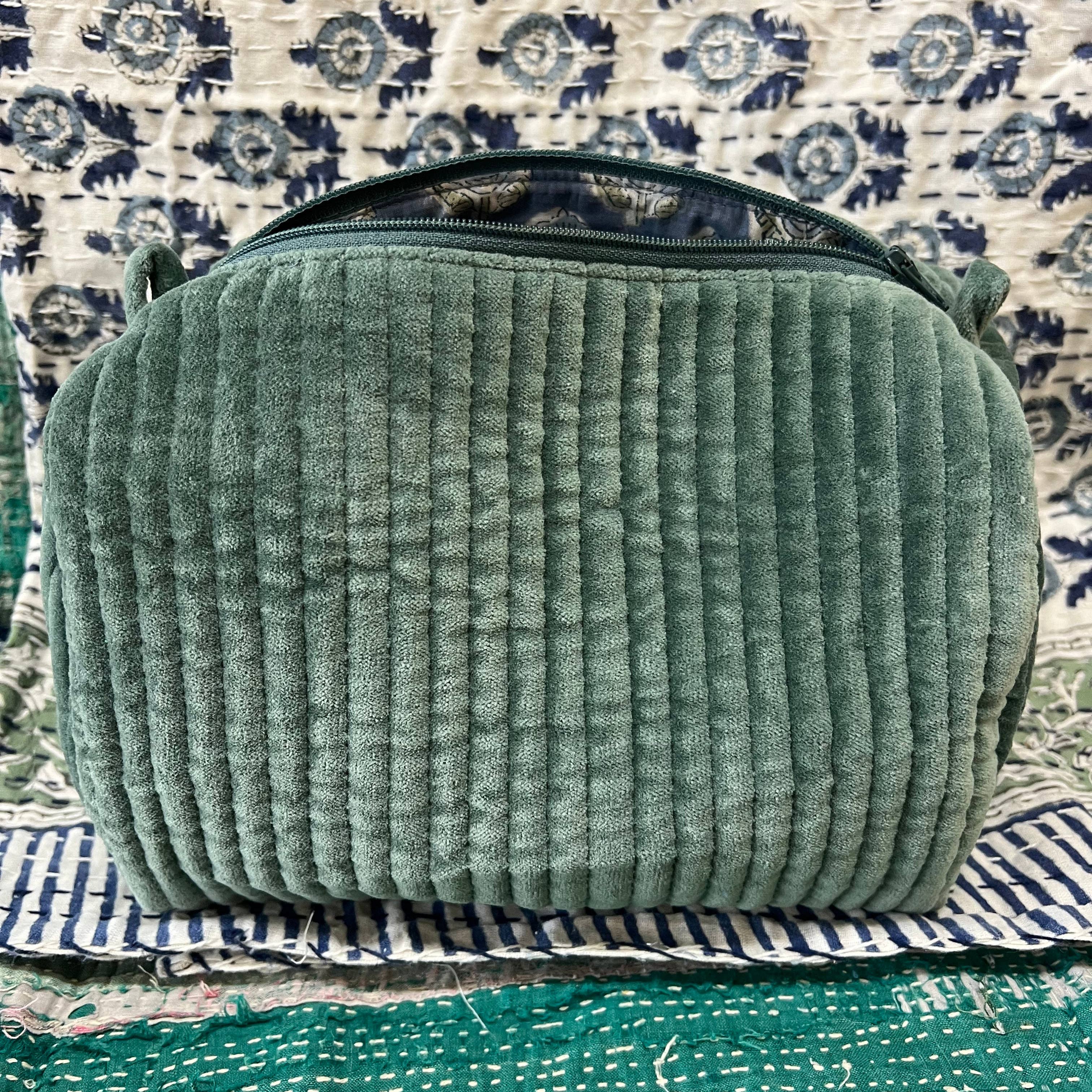 Eucalyptus Velvet & Block Print Lined Cosmetic Pouch