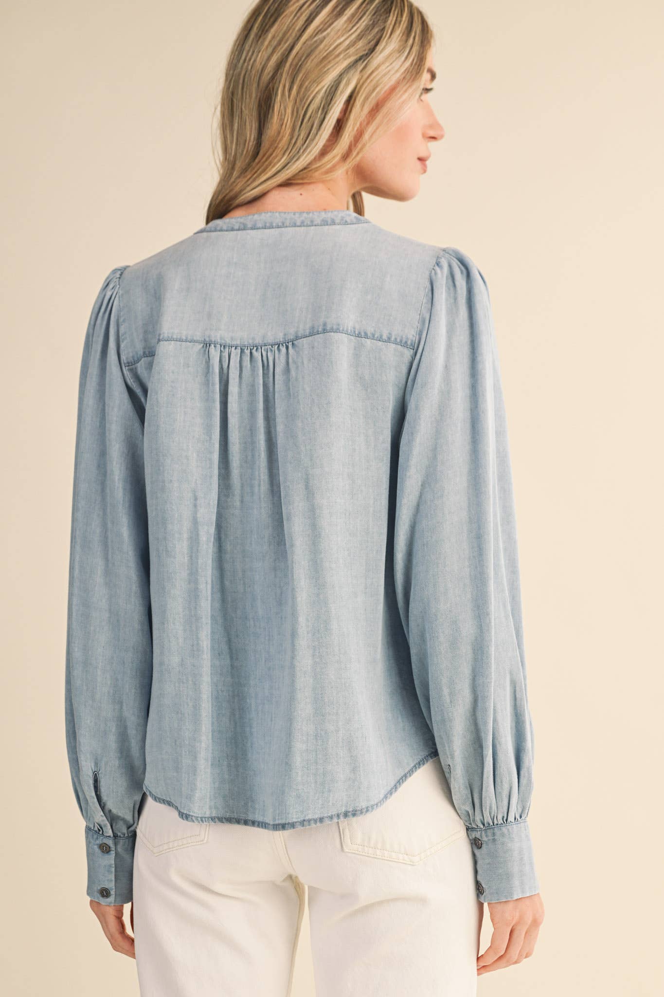 Chambray Pintuck Detail Button Down Top