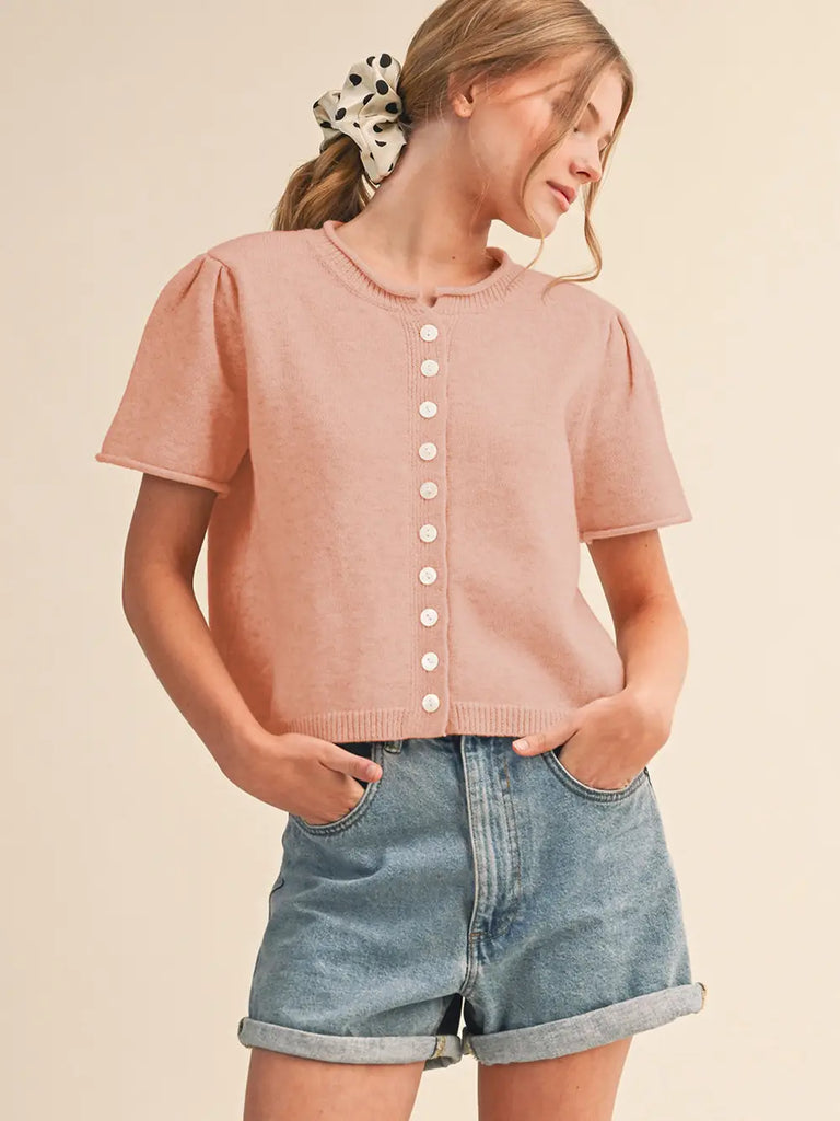 Short Sleeve Sweater Cardigan in Coral Peach
