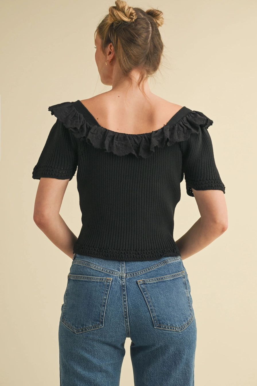 Black Ruffle Trim Short Sleeve Sweater
