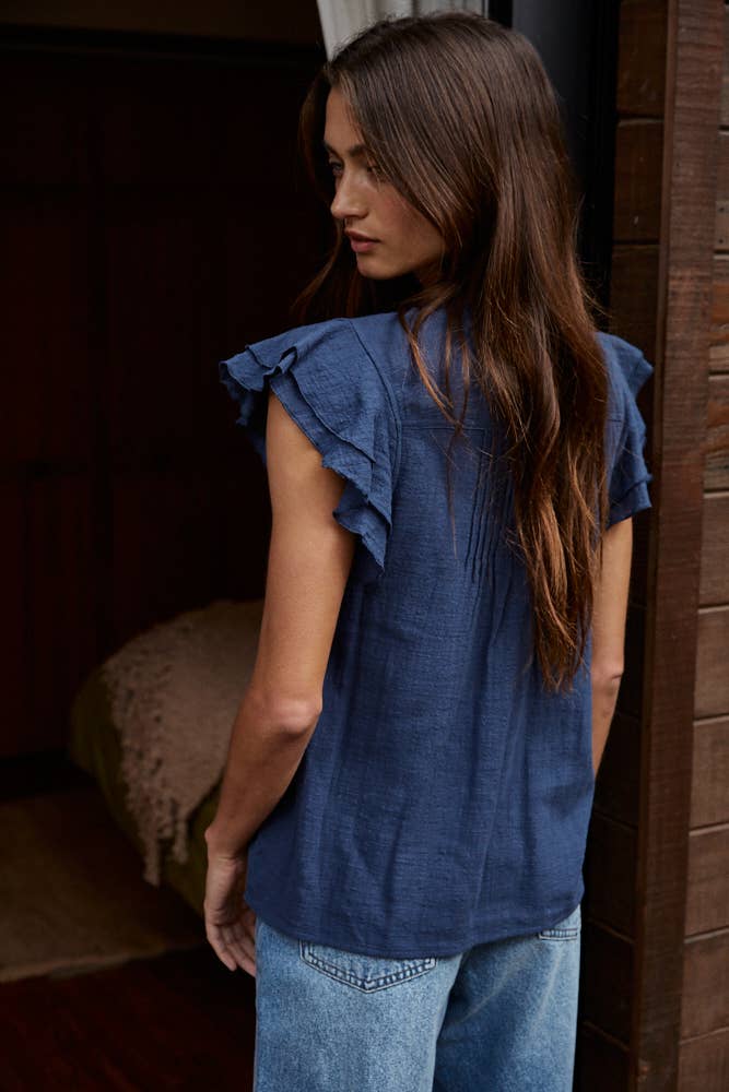 Linen Button V-Neck Short Sleeve Top