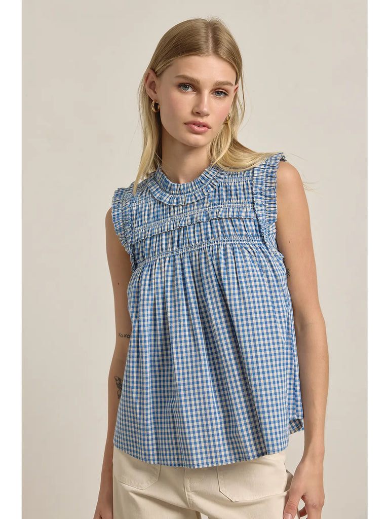 Gingham Ruffle Blouse in Blue