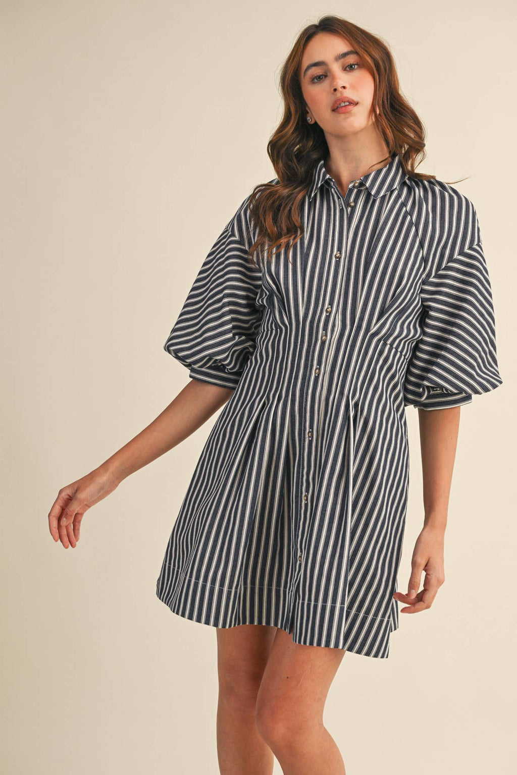 Striped Denim Bubble Sleeve Mini Dress