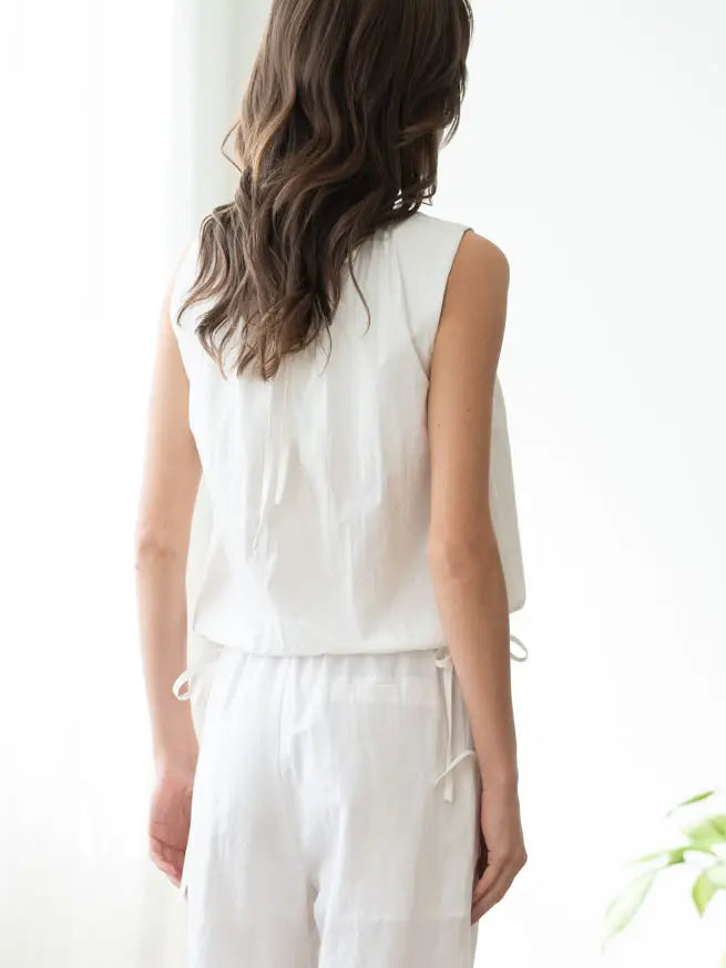 Shirred Neck Double-Tie Top