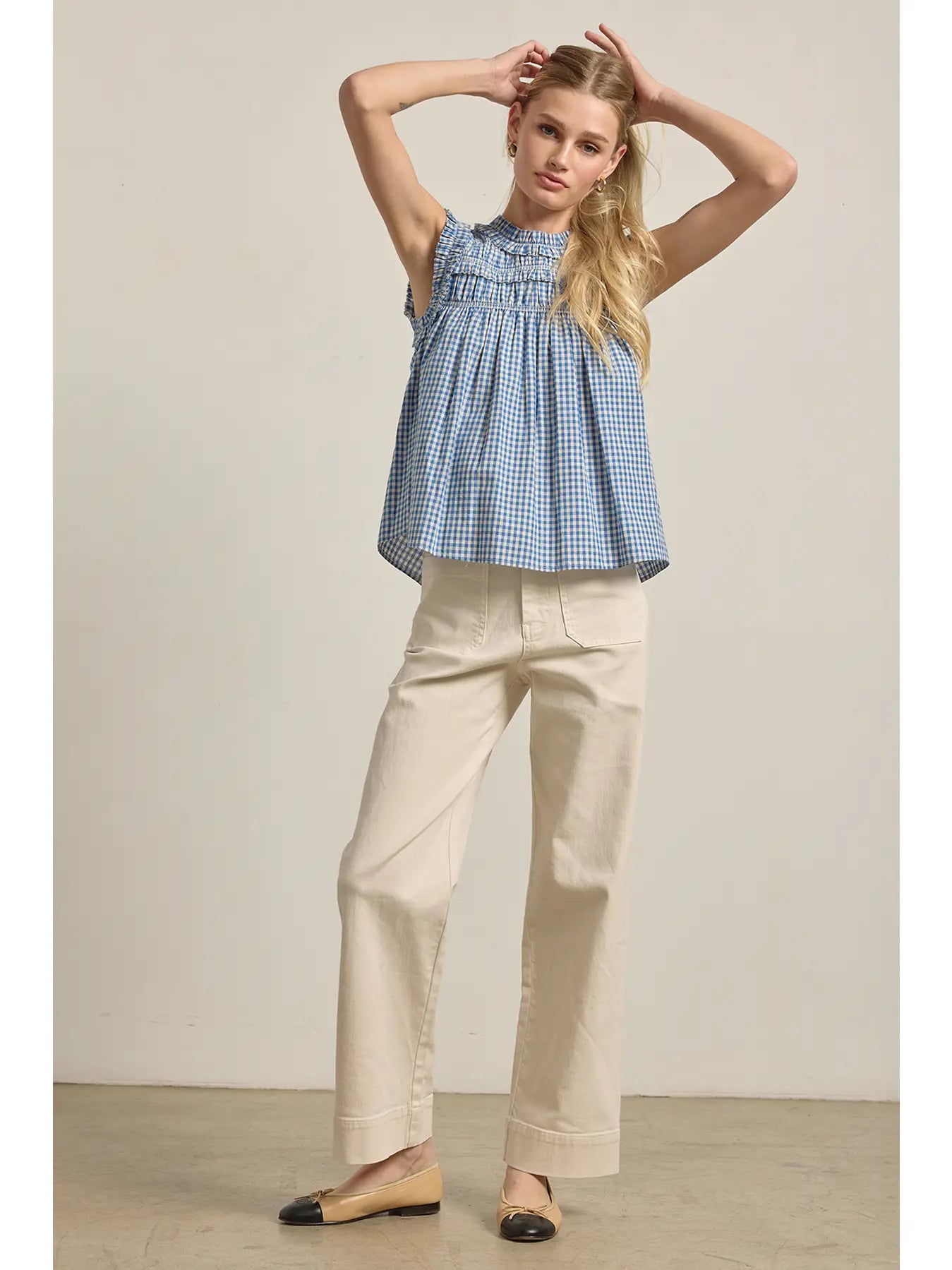 Gingham Ruffle Blouse in Blue