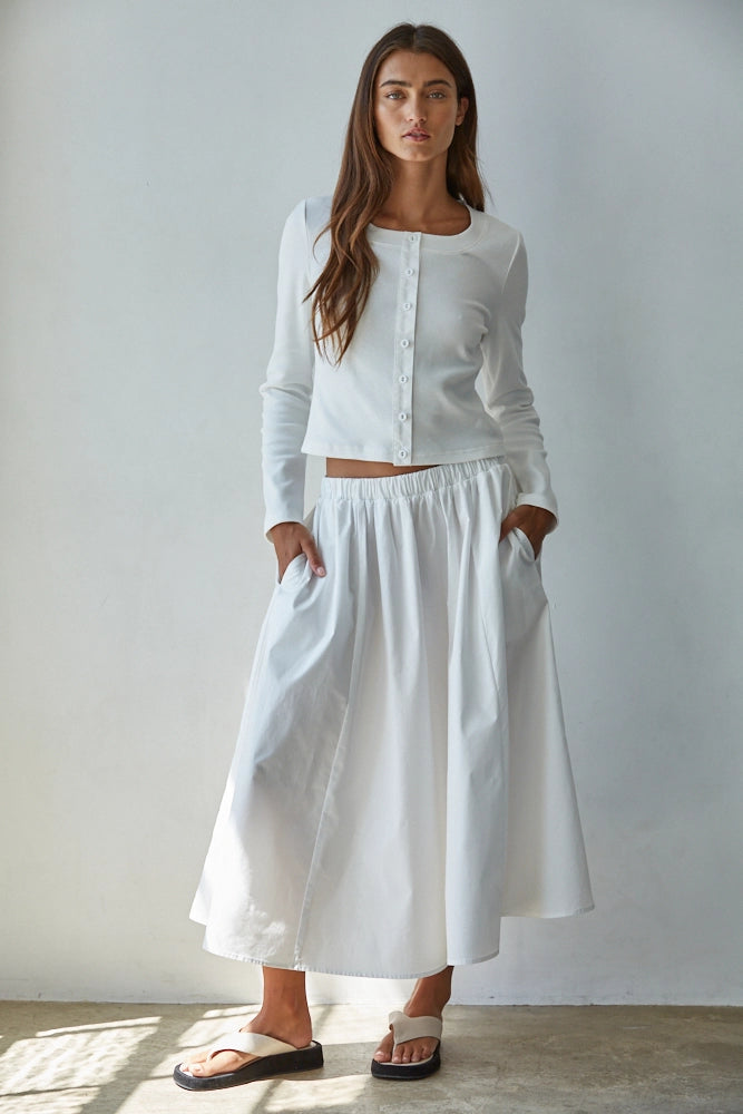 Woven Waist Flare Midi Skirt