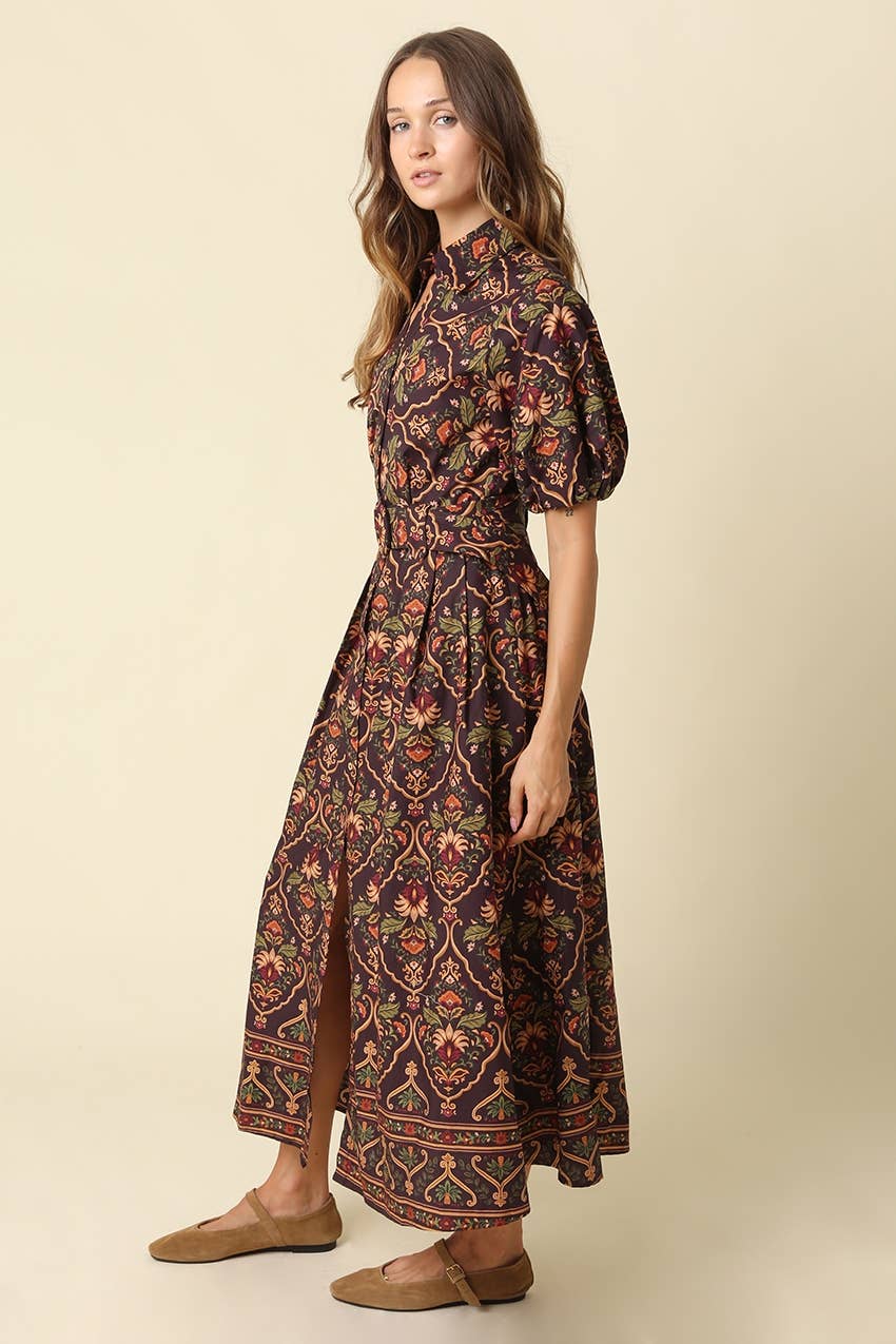 Lucy Paisley Puff Sleeve Midi Dress