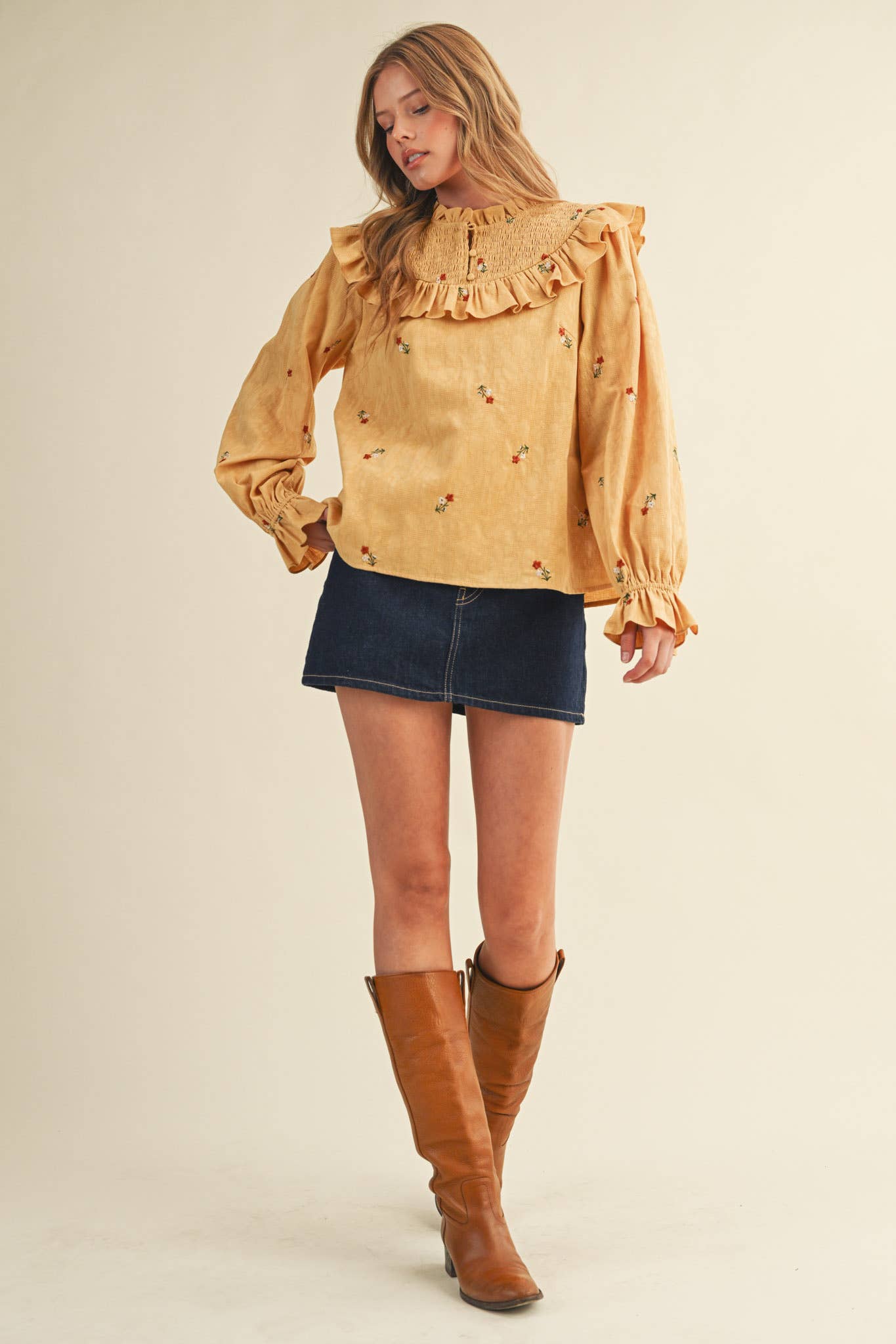 Smocked Yoke Embroidered Blouse