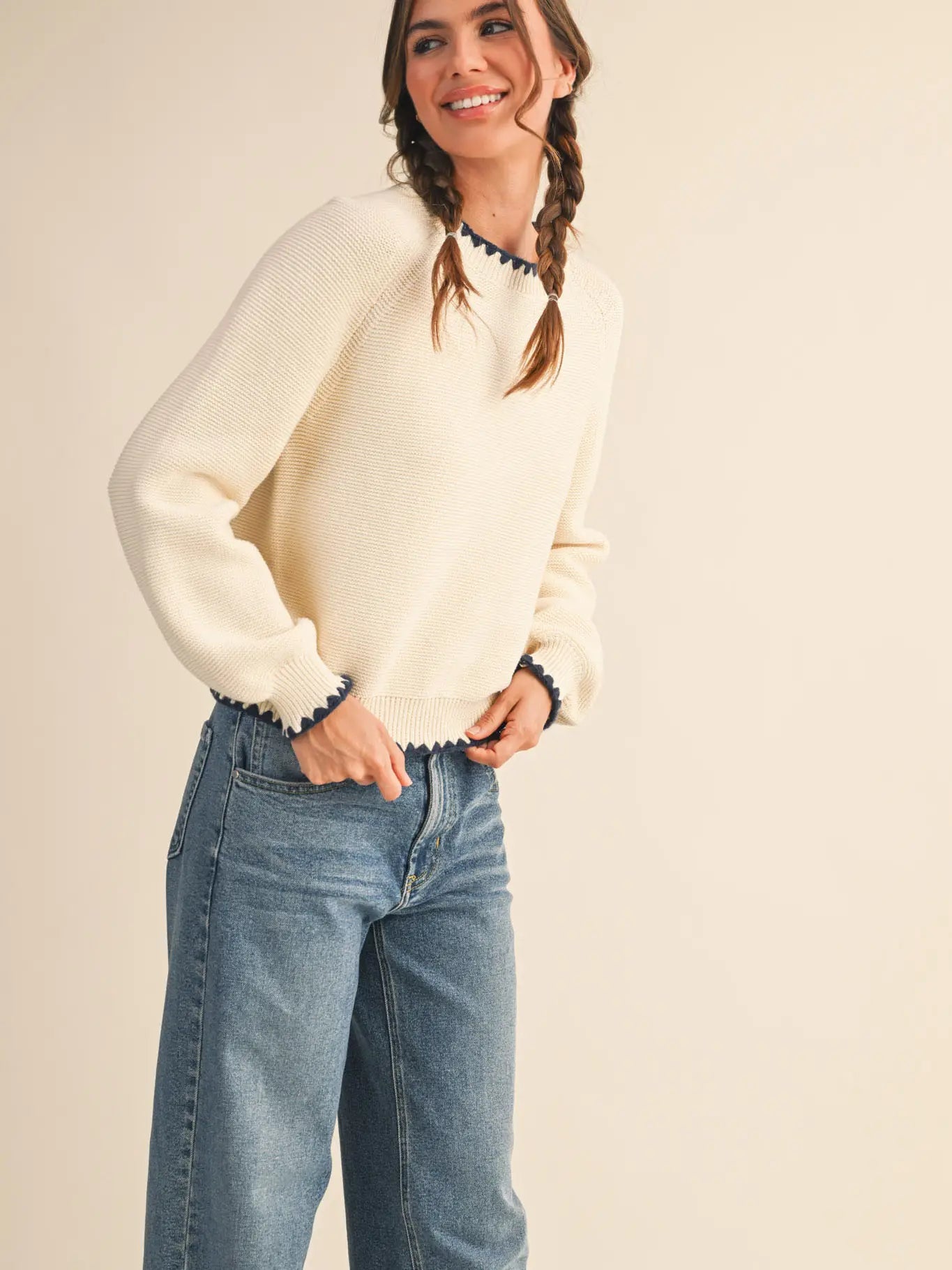 Contrast Stitch Puff Sleeve Sweater