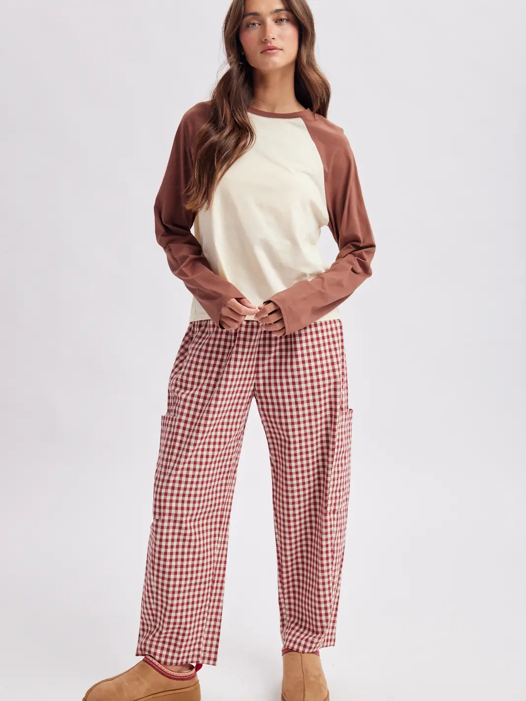 Plaid Patch Pocket Pants in Cherry Cream