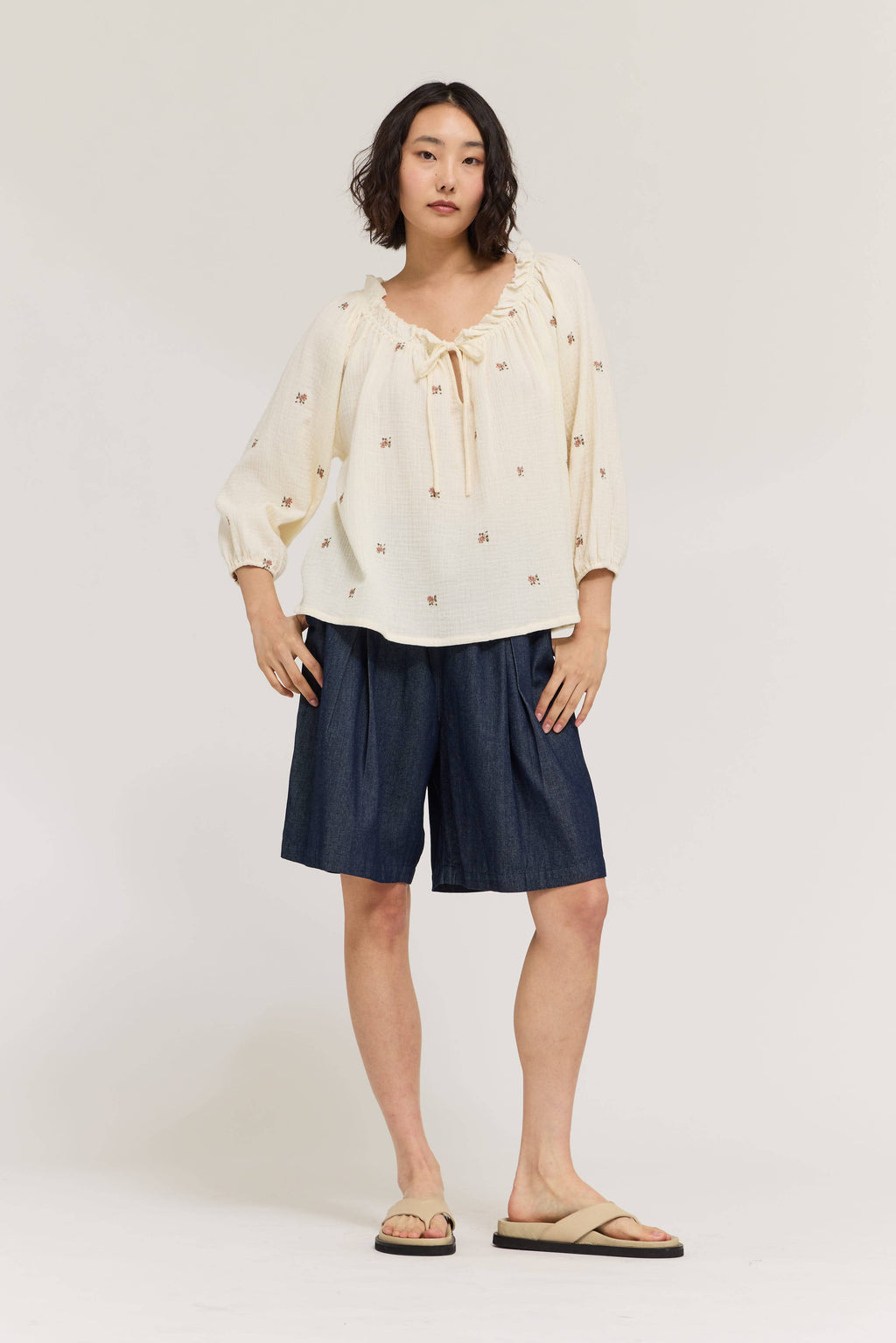 Embroidered Gauze Drawstring Blouse