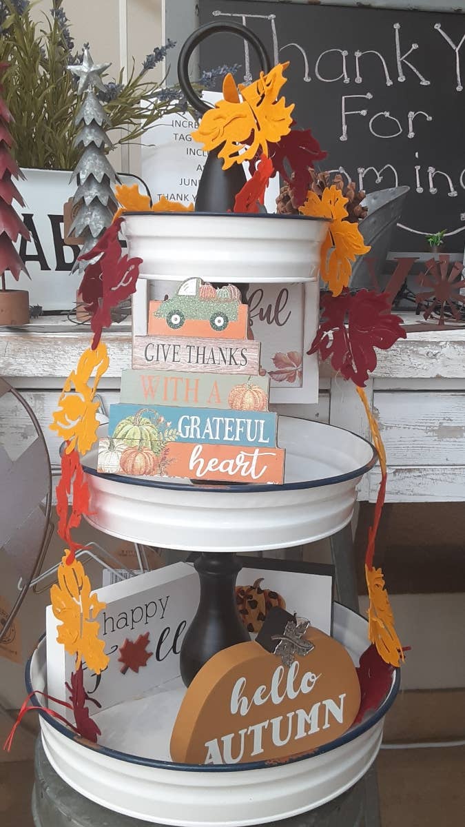 Tiered Serving Tray with Blue Trim