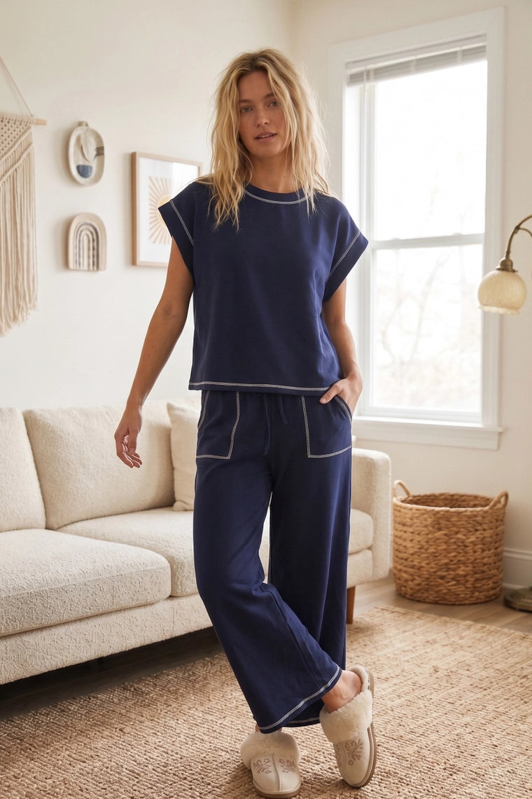 Scuba Contrast Stitch Lounge Set in Navy