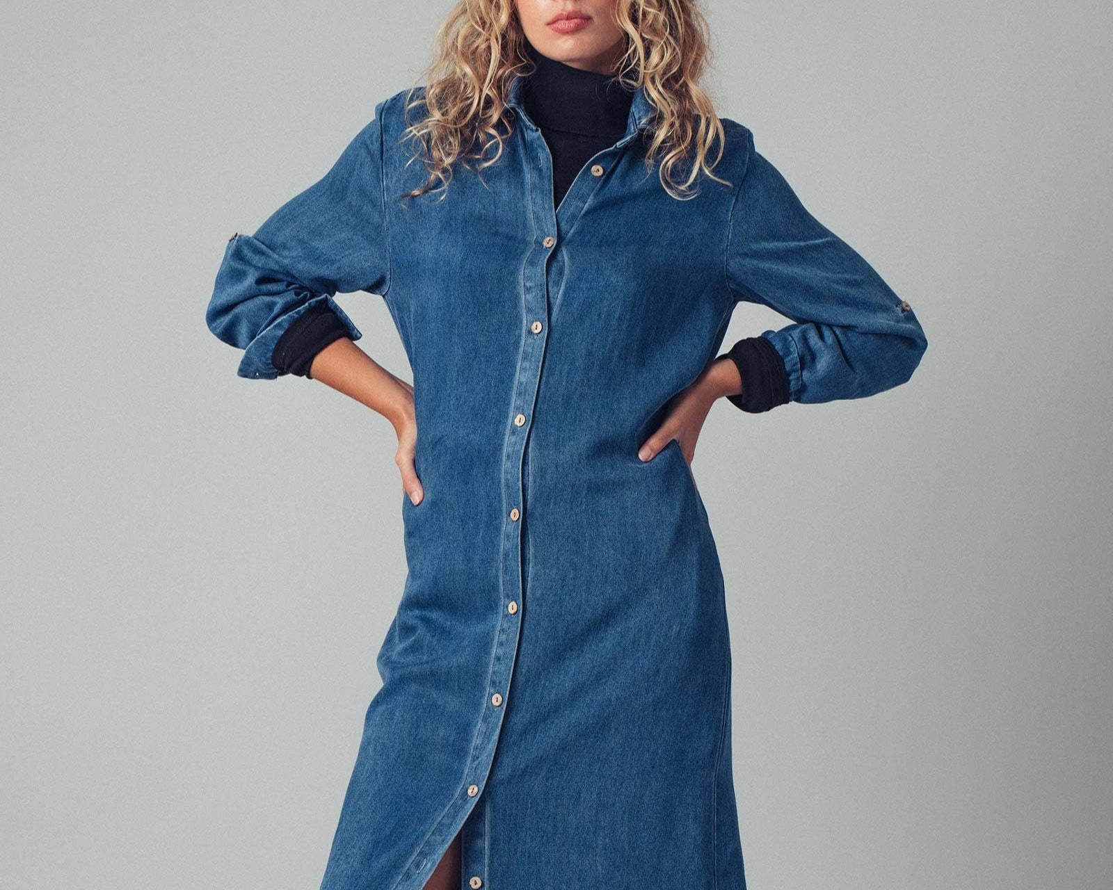 Button-Down Western Denim Midi Dress