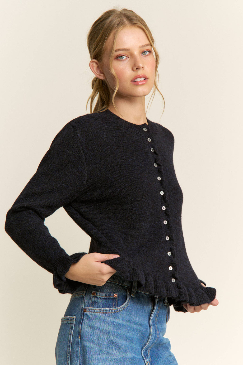 Ruffle Trim Button-Up Cardigan