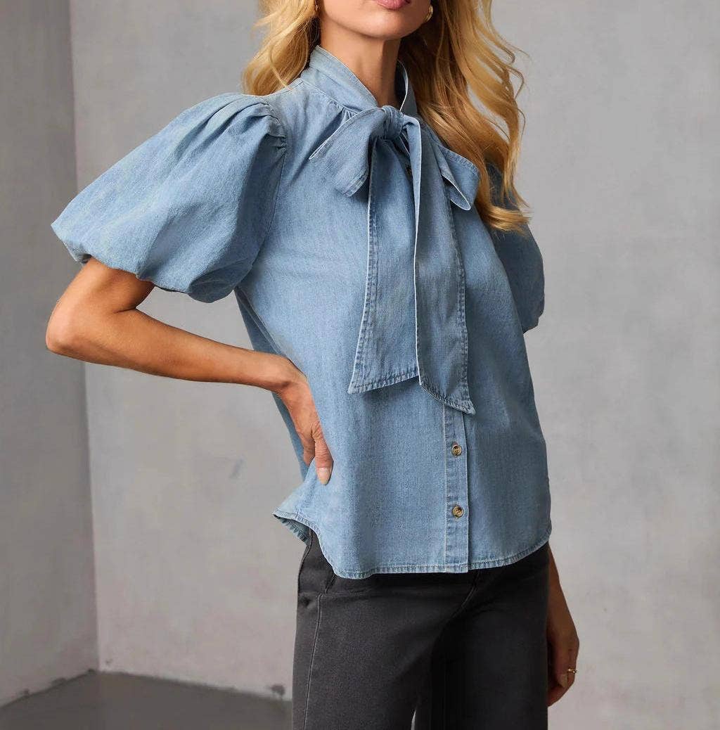 Denim Bow Blouse with Puff Sleeves