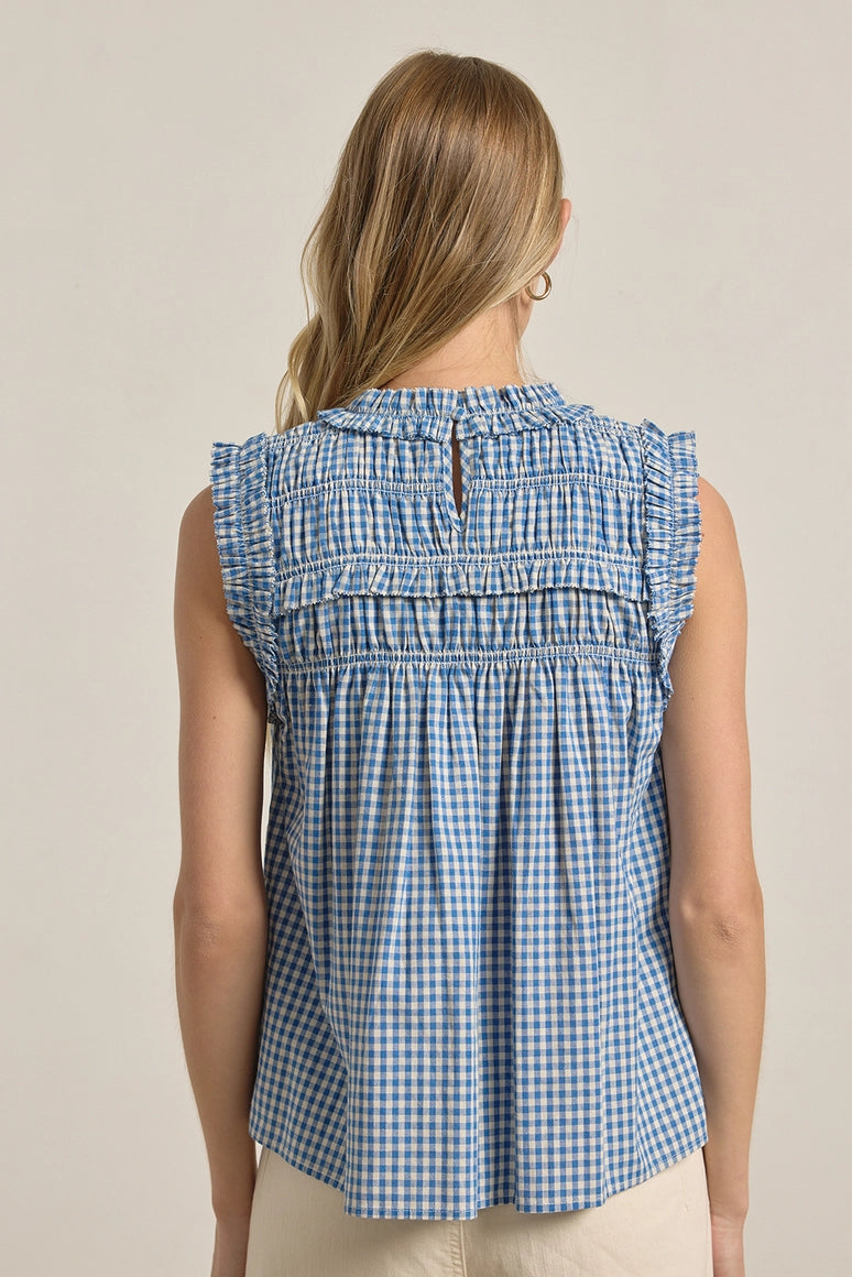 Gingham Ruffle Blouse in Blue