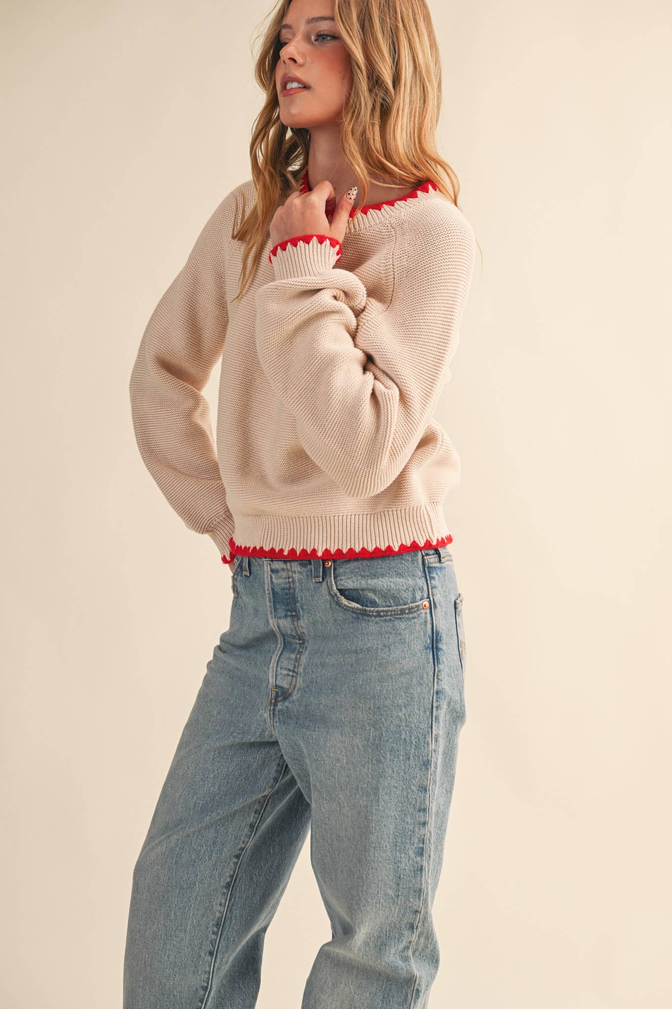 Contrast Stitch Puff Sleeve Sweater