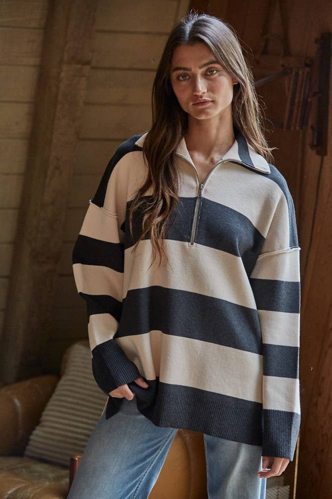 Knit Striped Turtleneck Half Zip Up Top