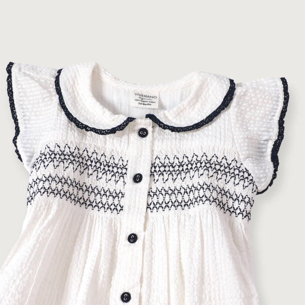 Celine White Seersucker Smocked Baby Dress + Bloomer Organic