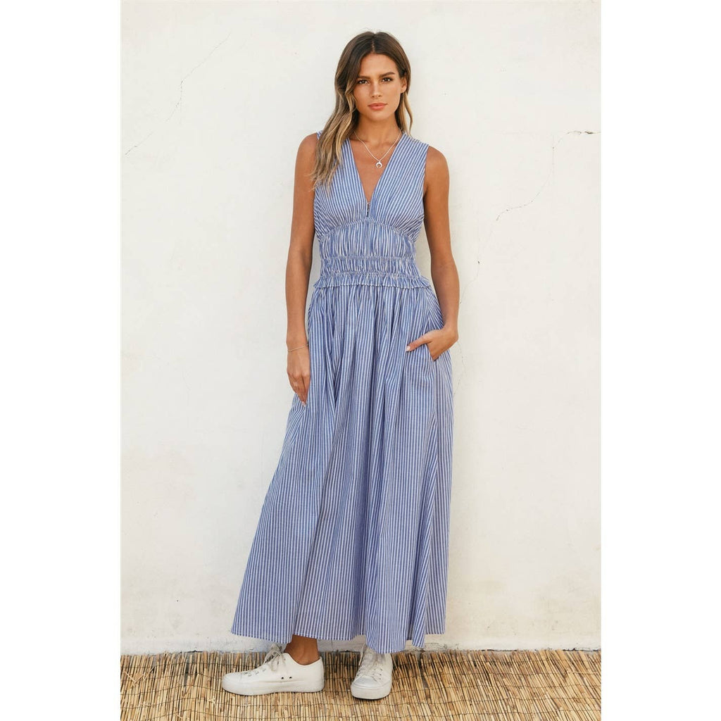Striped Poplin Shirred Waist Midi Dress
