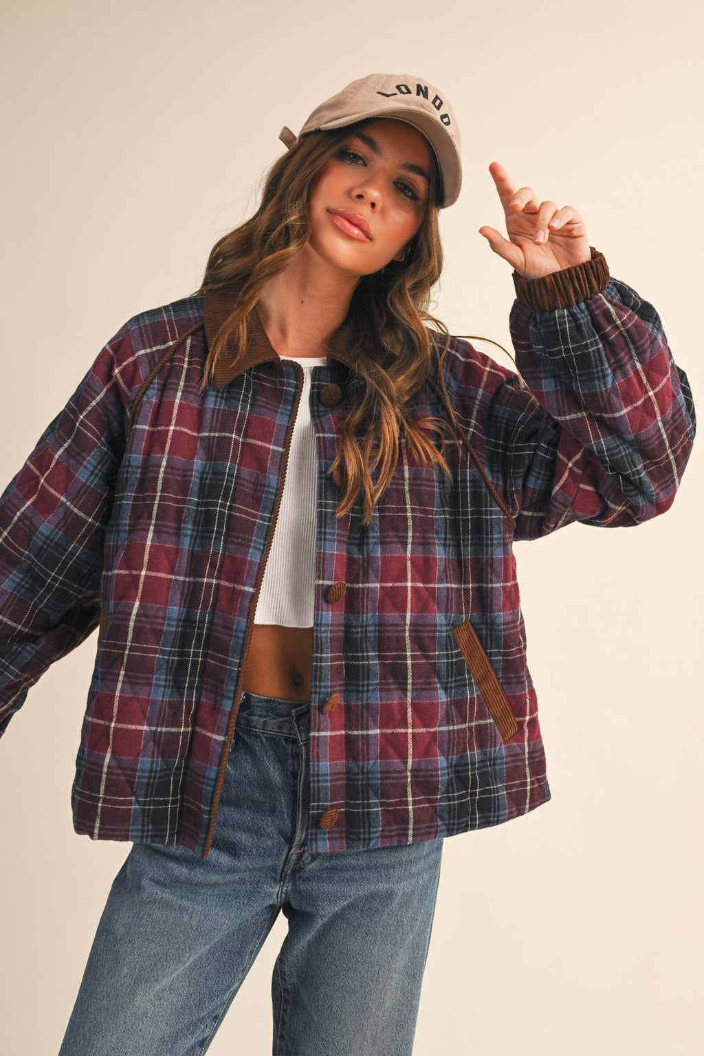 Plaid Quilted Jacket with Contrast Corduroy Detail