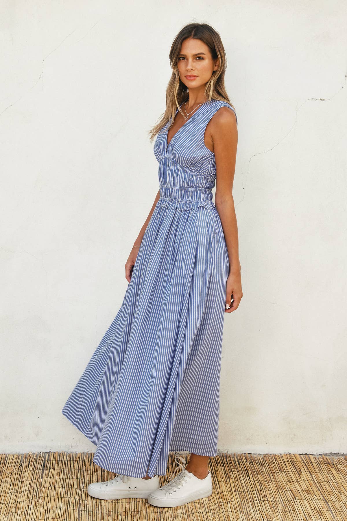 Striped Poplin Shirred Waist Midi Dress