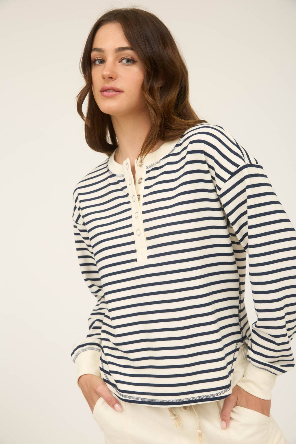 Stripe Henley Button Knit Top