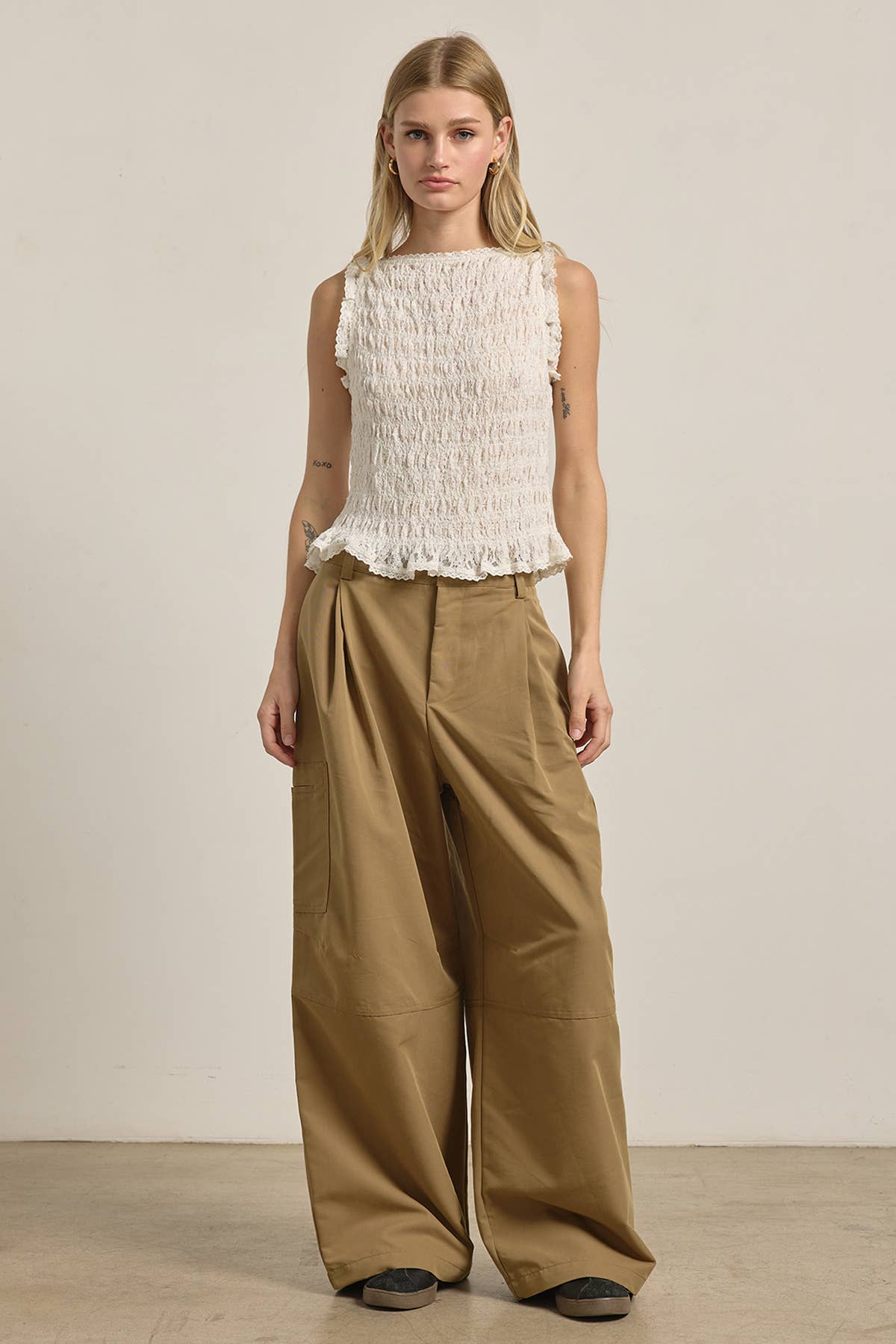 Smocked Lace Trim Sleeveless Top