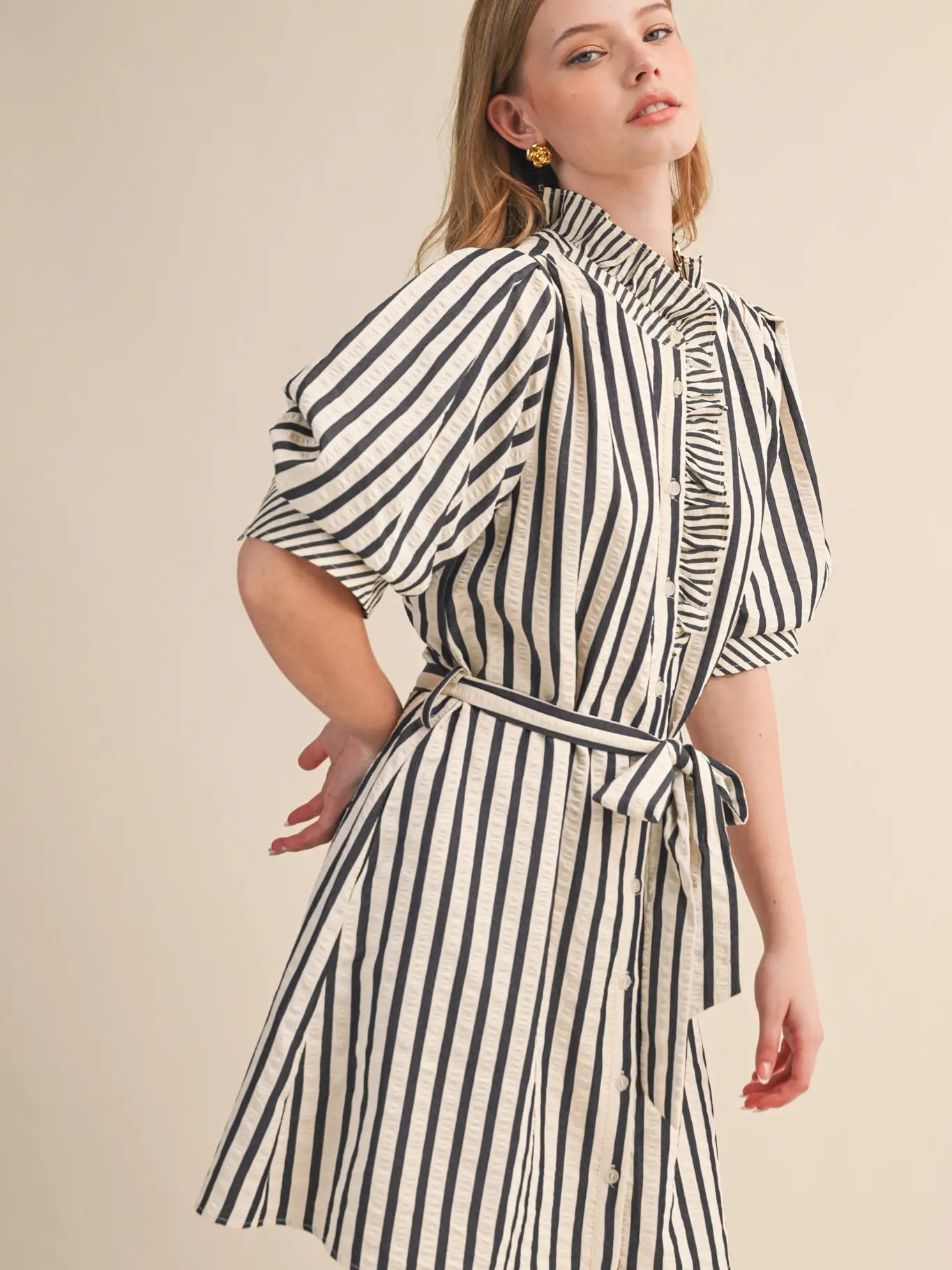 Striped Ruffled Button Down Mini Dress