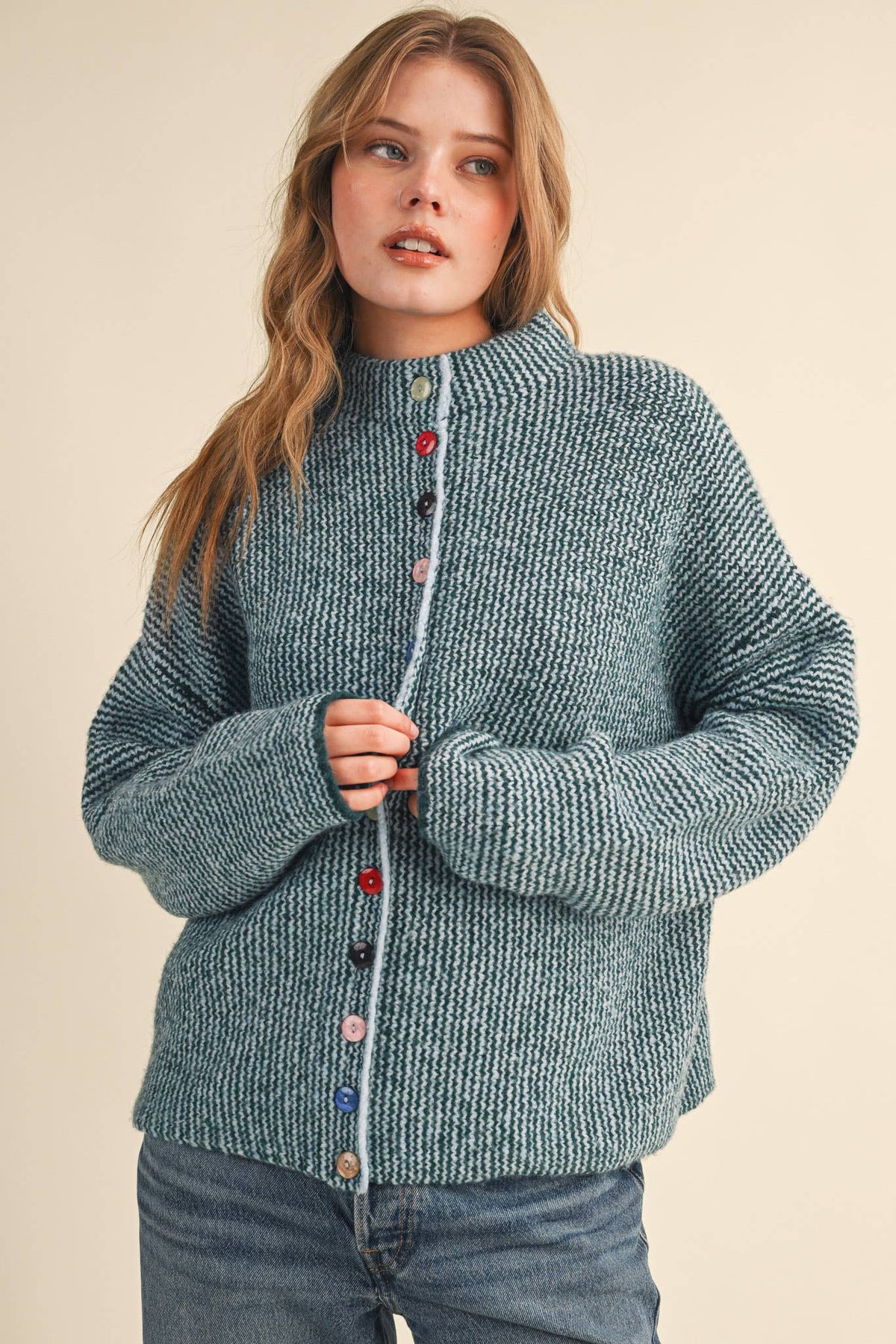 Striped Sweater Cardigan with Colorful Buttons
