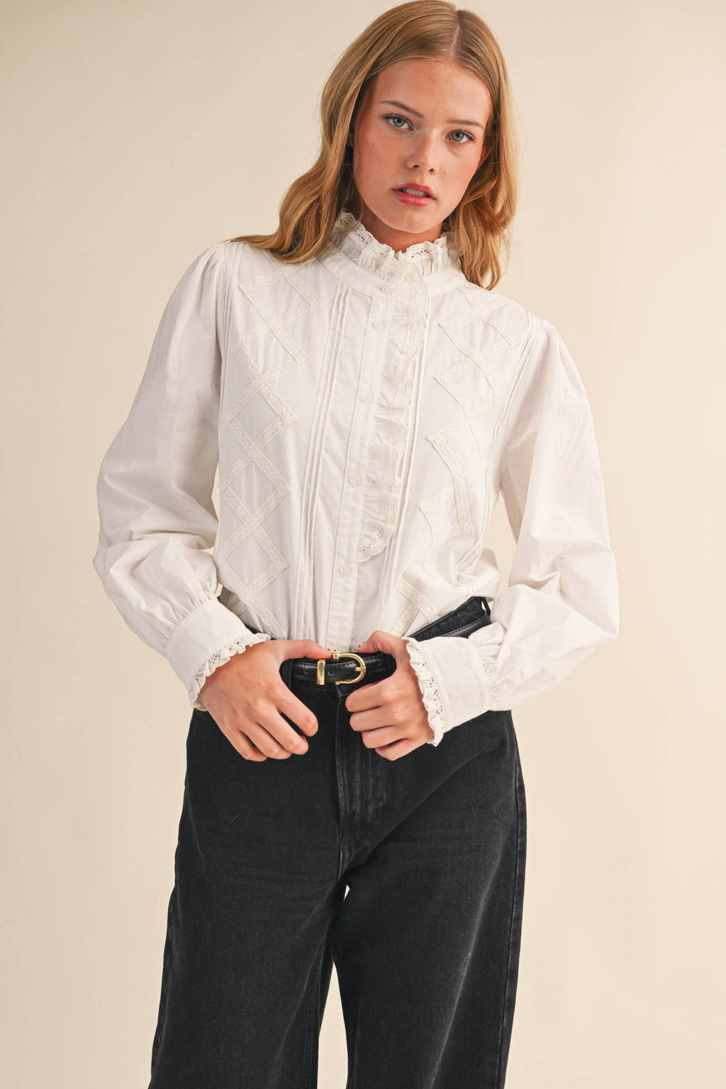 Ruffled Lace Trim Button Down Top