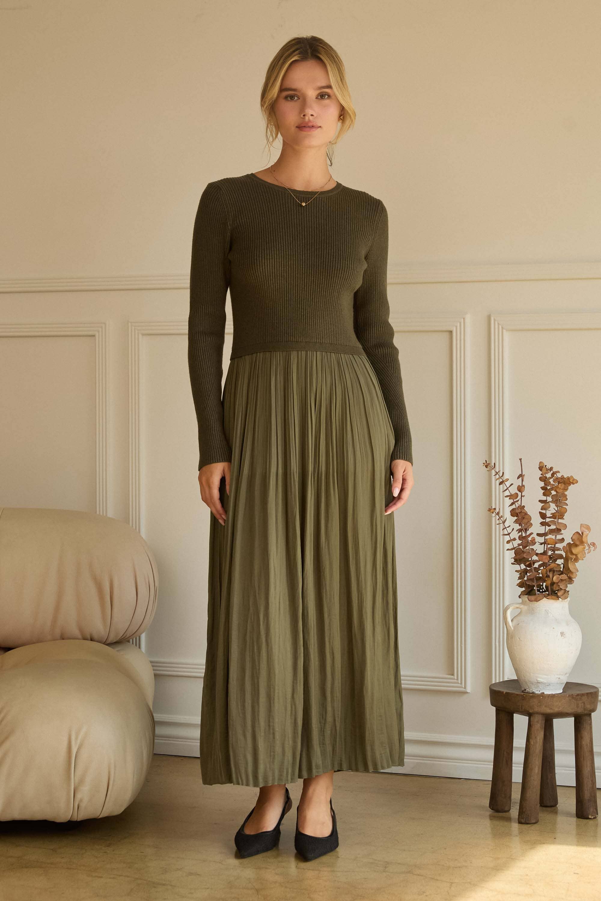 Mixed Media Long Sleeve Maxi Dress
