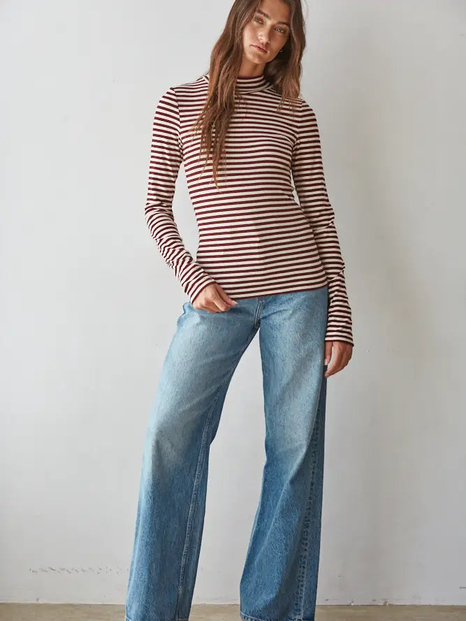 Spandex Stripe Mock Long Sleeve in Cream Wine