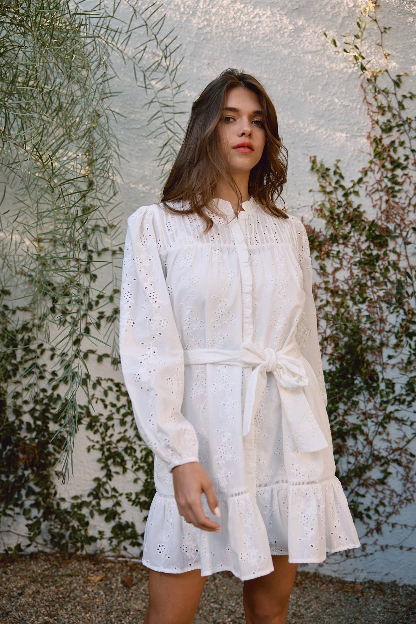 Ruffle Pintuck Dress With Tie